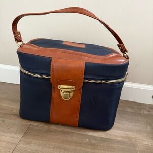 Vintage Sears Travel Train Case Bag Cosmetic Hard Case Wipeable Leather Navy